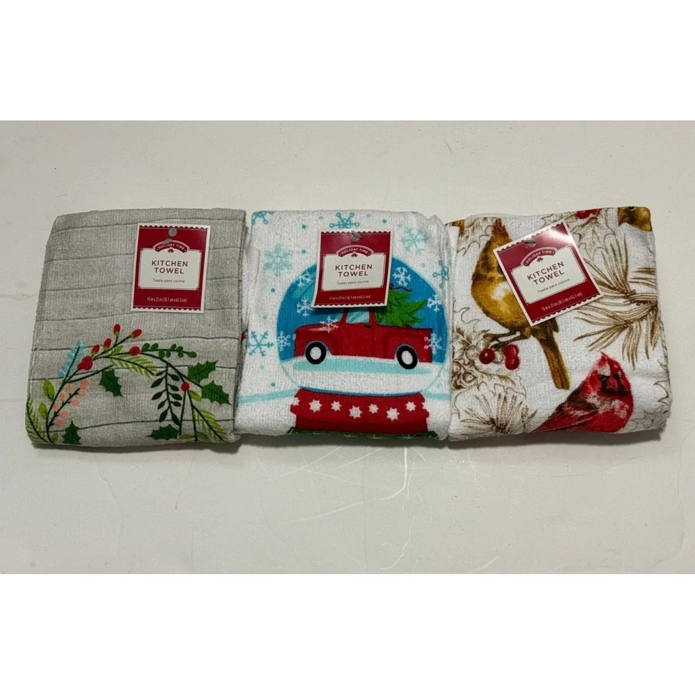 NWT Lot of 3 Christmas Holiday Kitchen Towels Truck Cardinal‎ Birds Wreath